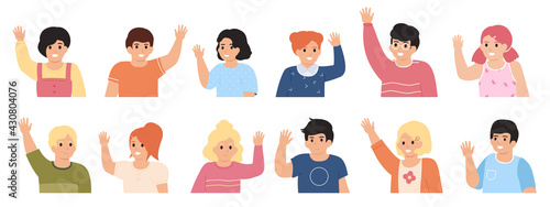Fototapeta Naklejka Na Ścianę i Meble -  Kids waving hands. Cute children raising hands, cheerful little boys and girls vector illustration set. School or kindergarten pupils waving hands
