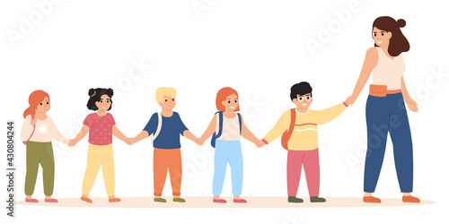 Kids following teacher. Kindergarten teacher takes children to class or for outdoor playing vector illustration. Elementary school pupils and teacher