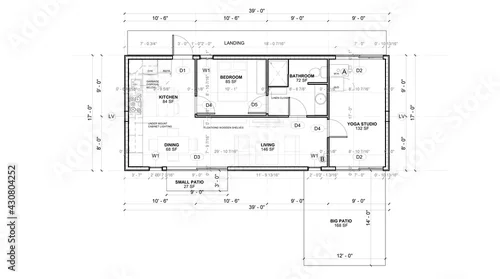 Fototapeta na wymiar 3d illustration of an architectural plan drawing of a small summer house.  Technical drawing with dimensions and annotations. Black and white image.
