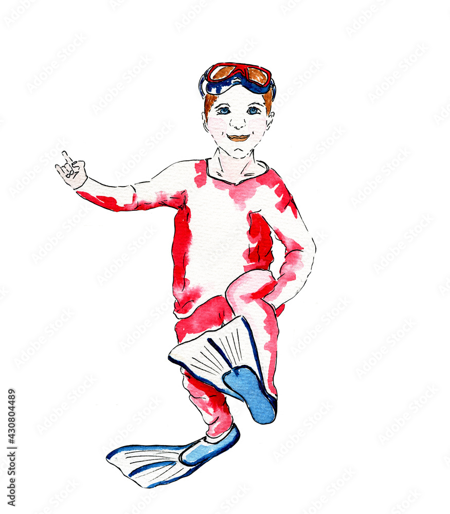 Cute boy in red costume, flippers and masque for swimming underwater isolated on white. Cute boy in red costume, flippers and masque for swimming underwater isolated on white.