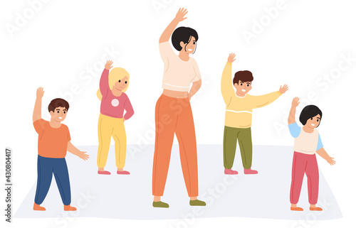 Teacher and kids exercising. Preschool teacher doing gymnastics together with pupils isolated vector illustration. Kindergarten physical activity
