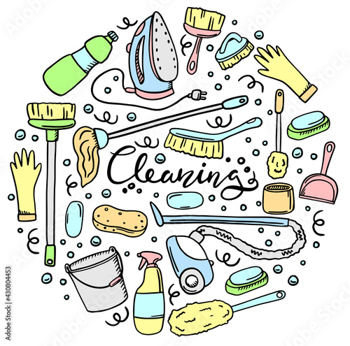 A set of cleaning products. Iron, vacuum cleaner, soap, mop. Cleaning. A hand-drawn cartoon collection of home cleaning items. Drawing doodles. Vector illustration