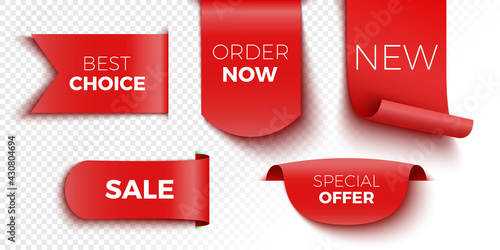 Best choice, order now, special offer, new and sale banners. Red tags. Vector illustration.