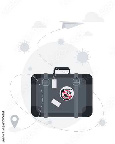 Tourist luggage. Airport. Pandemic travel warning poster. Unblock tourism, business. Vector