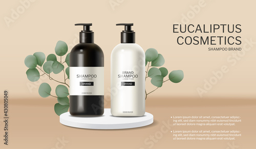 Shampoo and conditioner eucalyptus essence Vector realistic. Cosmetics hair treatment package products.