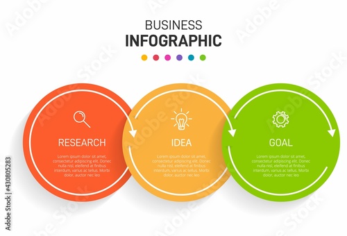 Concept of arrow business model with 3 successive steps. Three colorful graphic elements. Timeline design for brochure, presentation. Infographic design layout.