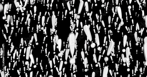 Many symbols of white 3d exclamation mark, descend, on black background.