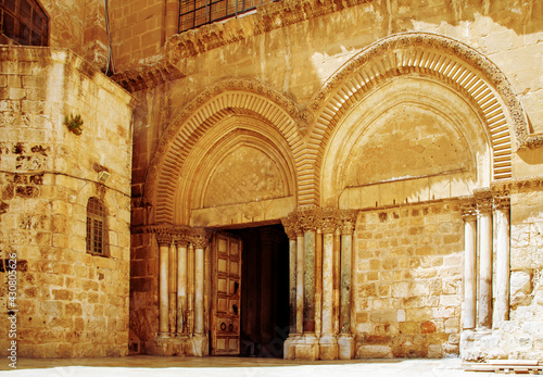 Jerusalem, Israel - 21 April 2021: Entrance to the Church of the Holy Sepulcher on a sunny day