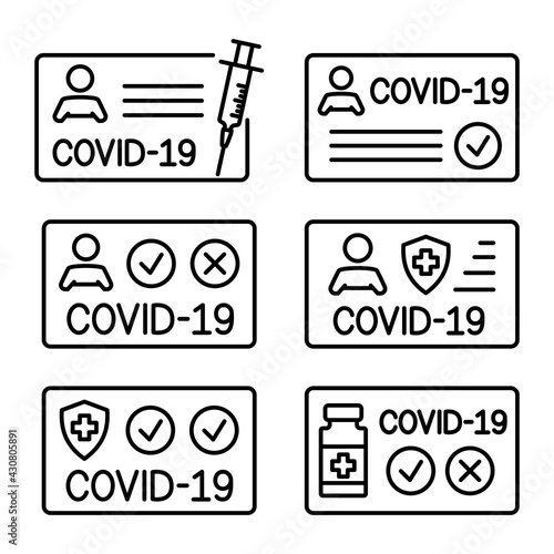 Vaccination certificate against Covid-19. Passport for travel in time pandemic. Medical record. Editable stroke. Document to show that a person has been vaccinated with the Covid-19 vaccine