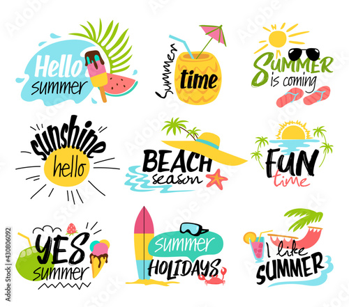 Set of summer labels, logos, hand drawn tags and elements for summer holiday, travel, beach holiday, sea, sun. Vector flat illustration.