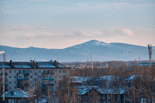 Vanino, Russia - Feb 04, 2021: the Arkaim timber processing complex in the port of Vanino in the Khabarovsk Territory. photo