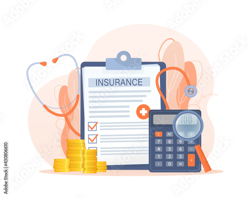 Vector illustration with health insurance concept. Big clipboard with doctor and woman. Healthcare, finance and medical service. Vector illustration in flat style.