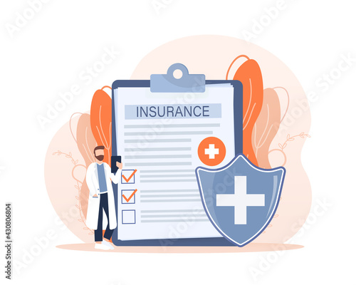 Vector illustration with health insurance concept. Big clipboard with doctor and woman. Healthcare, finance and medical service. Vector illustration in flat style.