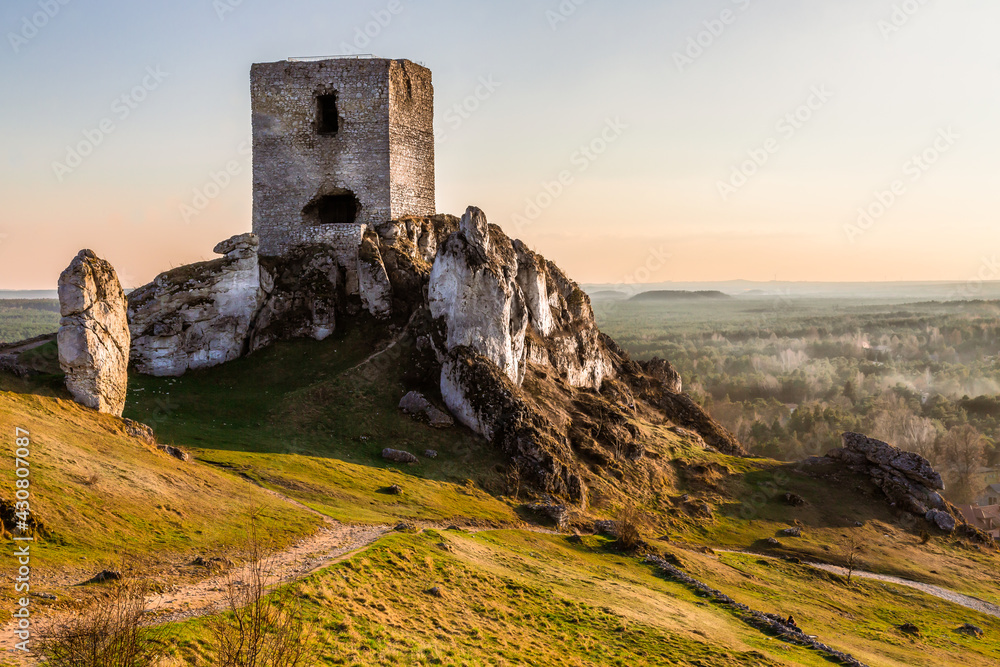 Ruins of medieval royal castle on the limestone rocks, Olsztyn Poland. Krakow-Czestochowa Upland, the Polish Jurassic Highland