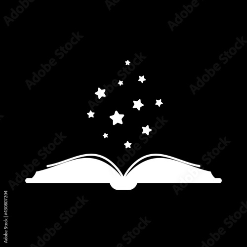 White open book with white stars flying out. Isolated on black background. Flat icon. Vector illustration.