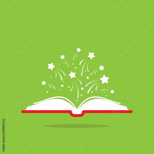 Open book with red book cover and white stars flying out. Isolated on green background.