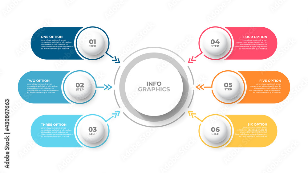 Business infographic. organization design with arrow and 6 options or steps. Vector illustration. Business infographic. organization design with arrow and 6 options or steps. Vector illustration.