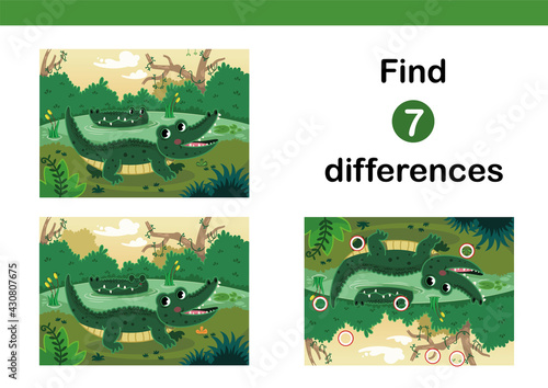 Find 7 differences education game for kids. Happy crocodiles in a swamp. Vector illustration.