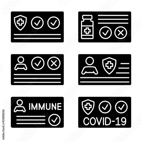 Vaccination certificate against Covid-19 with check mark, medical vial and protection shield. Document to show that a person has been vaccinated with the Covid-19 vaccine