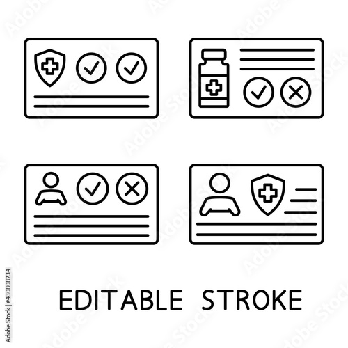 Vaccination certificate against Covid-19 with check mark, vial, shield and medical cross. Passport for travel in time pandemic. Medical record. Health card. Editable stroke. Vector