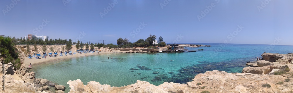 panorama of fig tree bay on a sunny day. Protaras. Cyprus. April 2021