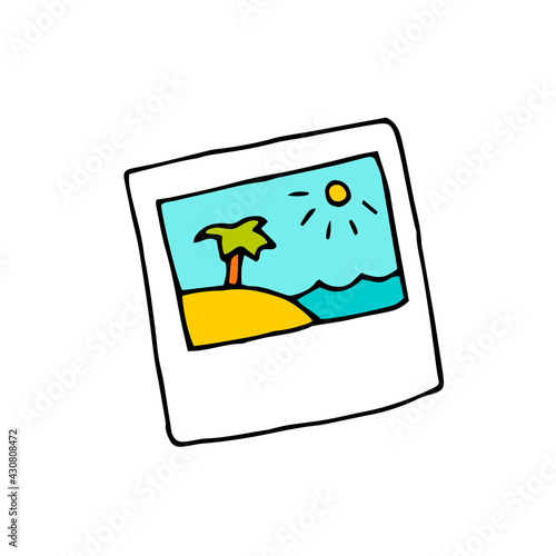 Polaroid shot. Summer landscape photography. Sea, palm tree, beach. Vector. Doodle. Hand-drawn illustration.