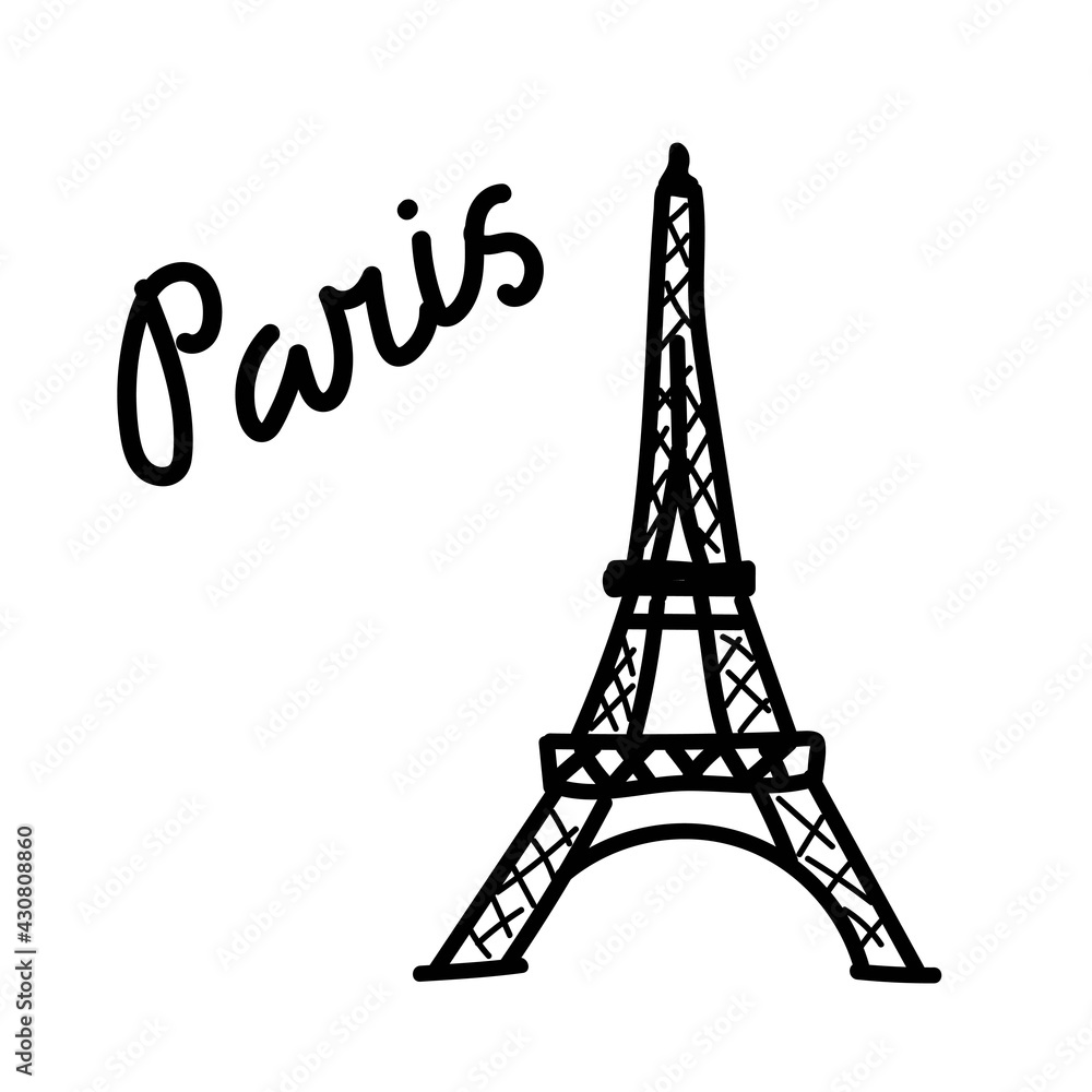 Eifel tower. Hand drawn doodle vector illustration isolated on whithe background. Simple drawings with black color
