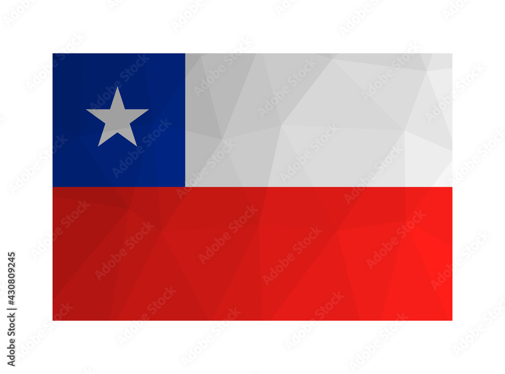 Vector isolated illustration. National chilean flag with five-pointed star and in white, red, blue colors. Official symbol of Chile. Creative design in low poly style with triangular shapes.