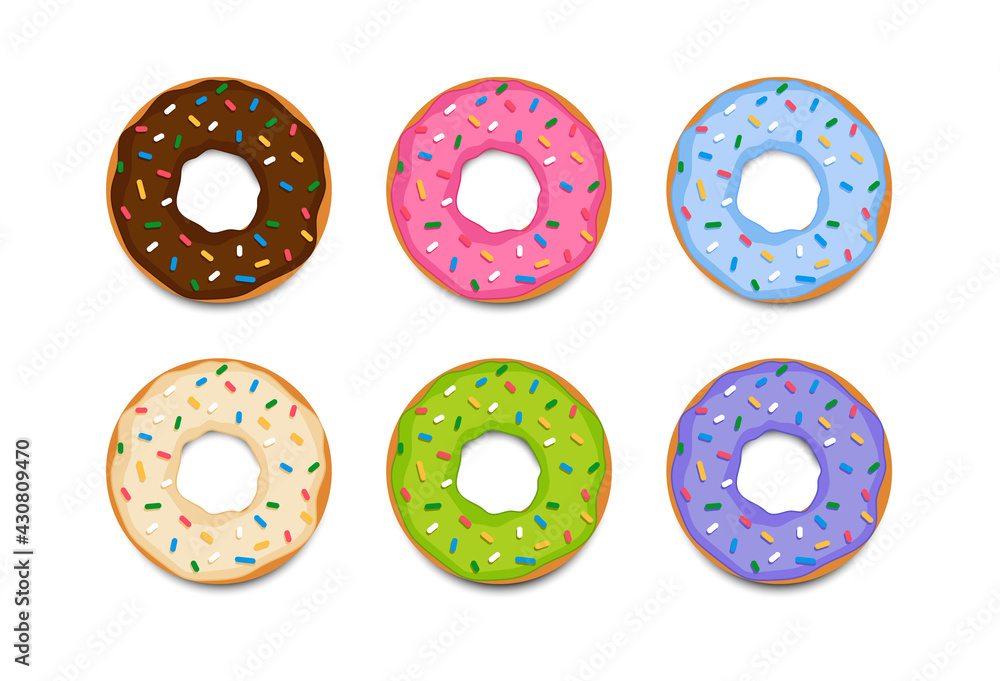 Obraz premium Set of donuts with multicolored glaze isolated on white background. Cute donuts in flat style. Sweet food icon. Vector stock