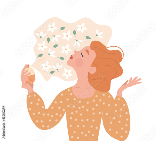 A cute red-haired woman or girl holds a bottle in her hand and sprays perfume with orange blossom on herself and enjoys the scent. Vector illustration. Orange flowers.