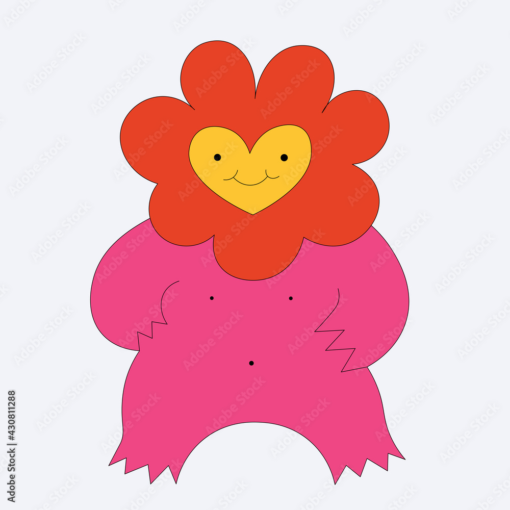 vector sticker chamomile with face.Quirky flower character for valentine's day.60s and 70s hippie tattoo template.Bizarre monster. romantic smiley in love.Funky groovy botanic monster.Childish style vector sticker chamomile with face.Quirky flower character for valentine's day.60s and 70s hippie tattoo template.Bizarre monster. romantic smiley in love.Funky groovy botanic monster.Childish style