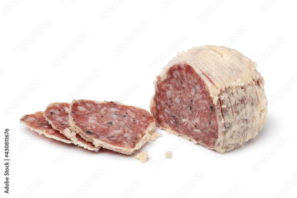 Saltufo sausage ball and slices close up isolated on white background for a snack or appetizer Saltufo sausage ball and slices close up isolated on white background for a snack or appetizer