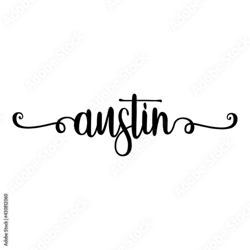 Banner con texto manuscrito austin escrito a mano con florituras en color negro