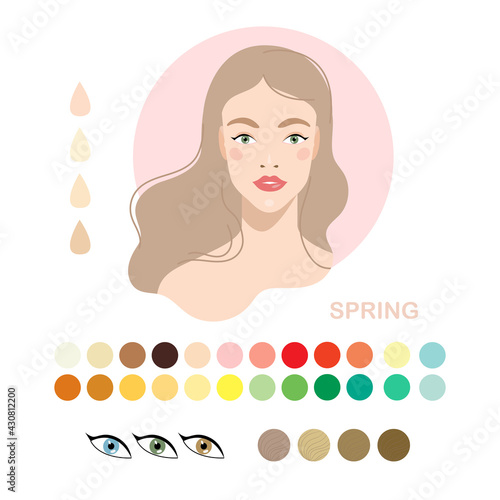 Woman appearance color type spring. Woman portrait with color type or types of skin color. Fashion guide chart with analysis of skin tone color type, hairs, eyes, makeup palette and clothes. Vector