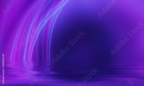 Abstract background. Neon multicolored light reflects on the water. Beach party, light show. Blurry lights glisten on the surface. 3d illustration