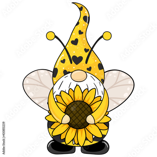 Cute bee gnome. Vector illustration isolated on white. Dwarf with a sunflower.
