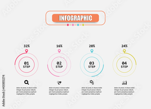 Infographic vector design template for illustration 4 steps. Presentation business infographic template with 4 options. Concept creative presents for infographic show percentage number of each step.