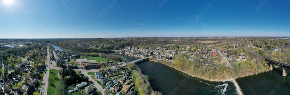 Aerial panorama of Paris, Ontario, Canada along the river
