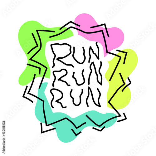 Colorful "run" line lettering and random doodles isolated on white background. Handwritten motivation active healthy lifestyle quote. Inspiring sport font print. Sketchy jogging workout typography.