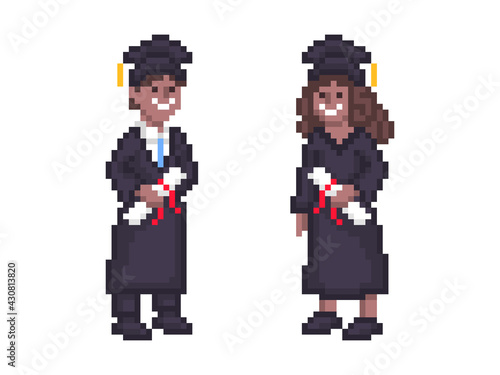 Two happy black students wearing academic dress and square cap and holding diplomas on graduation day, pixel art character set isolated on white background. Old school vintage retro 2d game graphics.