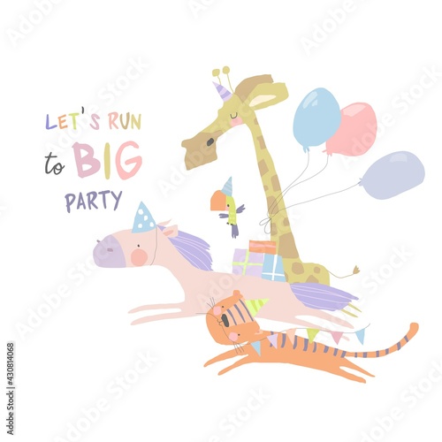 Birthday Card with Cute Animals running to the Party
