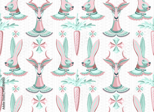 Seamless vector pattern of gems similar to diamonds, goat, rabbit and carrot. Original trendy texture background with unusual characters