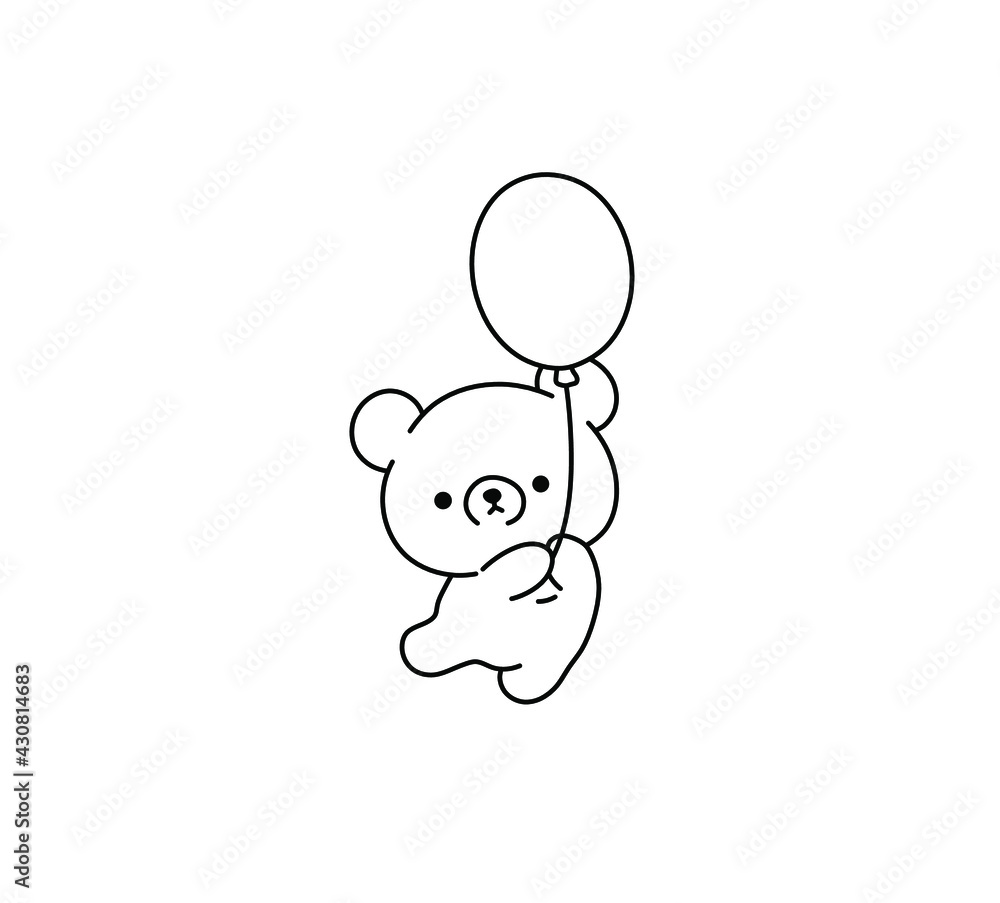 Vector isolated cute cartoon teddy bear with baloon contour line
