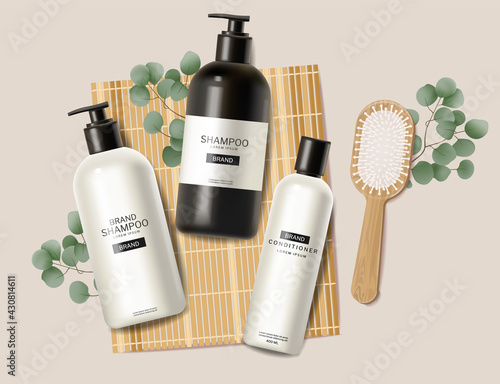 Hair care set cosmetics vector realistic. Shampoo, oil, butter and conditioner. Product placement mock ups