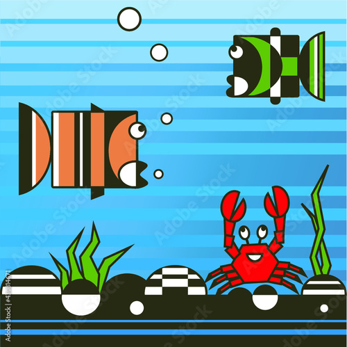 Vector picture with fish and crab. Abstract composition with the inhabitants of the sea. Aquarium with fish.