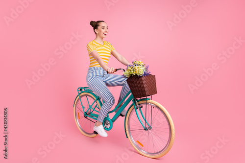 Fototapeta Naklejka Na Ścianę i Meble -  Full body profile portrait of pretty person drive look interested empty space isolated on pink color background