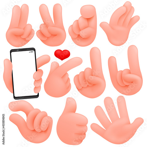 Set of cartoon human hands. Cartoon and vector isolated objects. Collection of various gestures thumbs up, victory