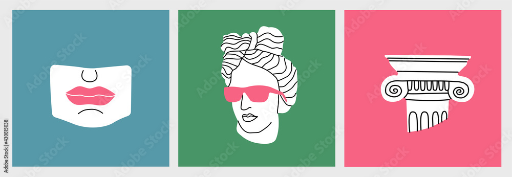 Plaster elements in a modern style. Sculpture Apollo with glasses. T-shirt with a print. Drawing for printing on clothes. Creative plaster figure. Classic stylized ancient sculptures.