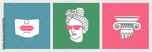Plaster elements in a modern style. Sculpture Apollo with glasses. T-shirt with a print. Drawing for printing on clothes. Creative plaster figure. Classic stylized ancient sculptures.