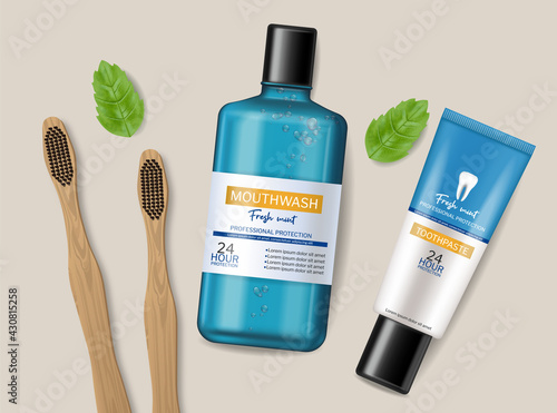 Mouthwash and bamboo brush Vector realistic. Product placement mock ups